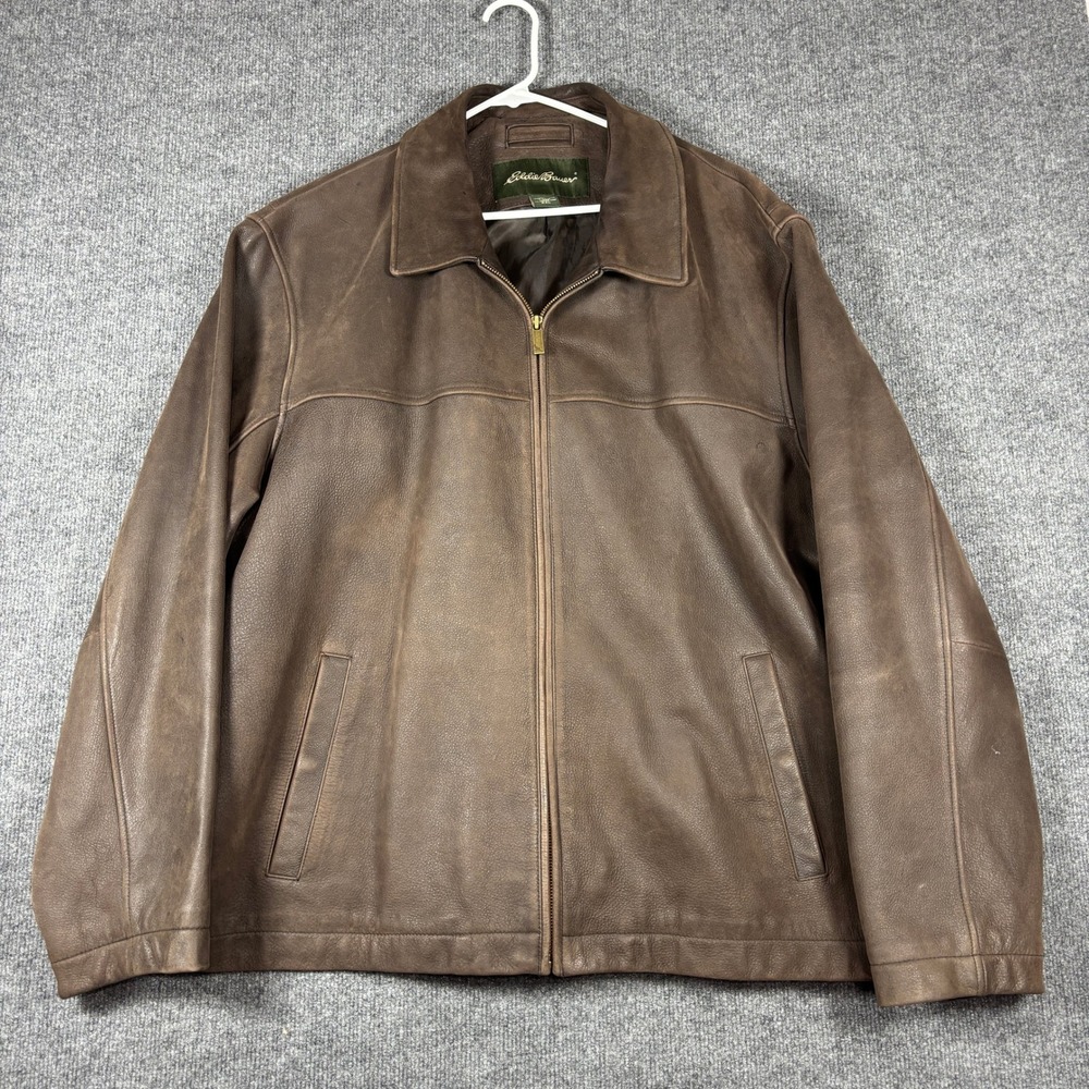 Vintage Eddie Bauer Distressed Leather Jacket Mens XXL 2XL Brown Full Zip Lined